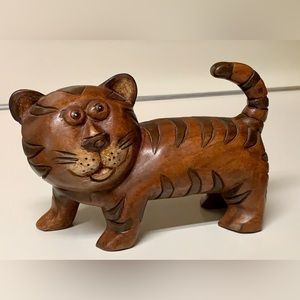 Vintage Mid Century Antique Solid Hand Carved Baby Tiger Cat Figurine Sculpture